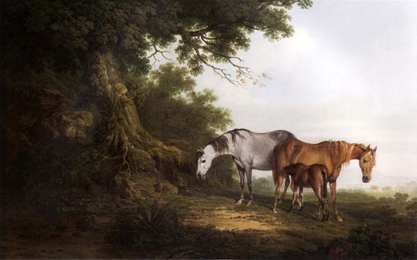 Mares and a Foal in a Wooded Landscape